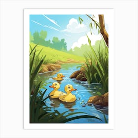 Animated Ducklings Swimming In The River 4 Art Print