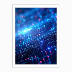 Abstract Digital Background With Blue And Pink Glowing Lines, Dots, And Grid Patterns Against A Dark Background, Creating A Sense Of Depth And Perspective Art Print