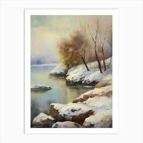 Ancient landscapes, old winter oil paintings and rocks around the lake bank. Snow is falling on the lake, old colors.14 Art Print