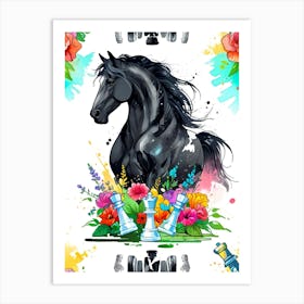 Black Horse With Flowers Art Print