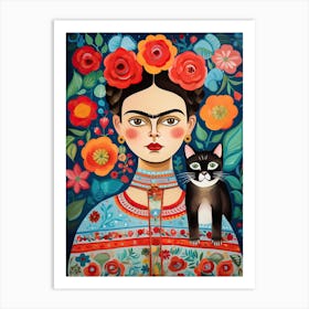 Frida Kahlo With One Cat Mexican Painting Botanical Floral Art Print