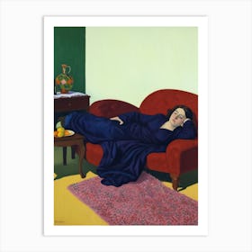 Woman Sleeping On A Red Couch Art Print