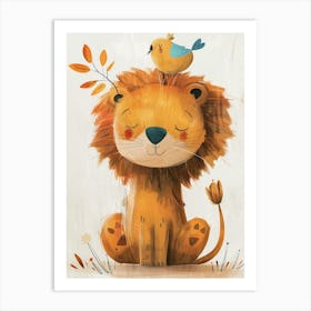 Small Joyful Lion With A Bird On Its Head 23 Art Print