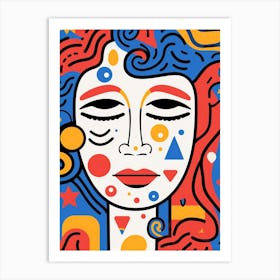 Closed Eyes Red & Blue Geometric Face Art Print