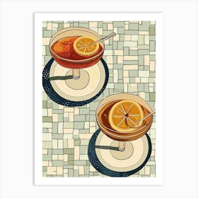 Cocktail & Orange Slice On A Tiled Background Art Print
