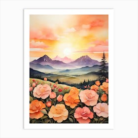 Sunset With Roses Art Print