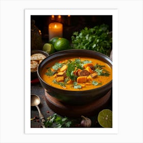 Autumn Pumpkin Curry Soup Steaming In A Rustic Ceramic Bowl Surrounded By An Array Of Vividly Spice (2) Art Print