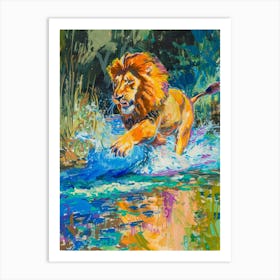 Masai Lion Crossing A River Fauvist Painting 3 Art Print