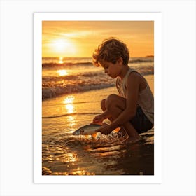 A Young Person Engaging In Play With A Fish Near The Waters Edge On A Sandy Beach Golden Hour Ligh (3) Art Print