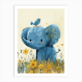 Small Joyful Elephant With A Bird On Its Head 17 Art Print