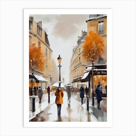 Paris cafes, winter season, Christmas, autumn oil colors, pale colors, pedestrians in the street, winter clothes, falling snow.Christmas decorations.16 1 Art Print