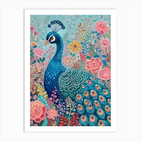 Floral Folky Peacock In The Meadow 1 Art Print