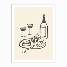 Wine and Cheese Aperitif Kitchen Illustration - Monochrome Art Print