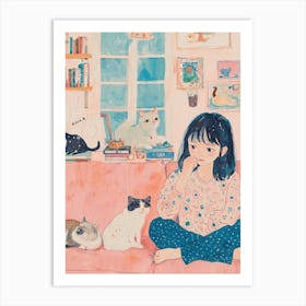 Girl Cat Lover Lo Fi Kawaii Illustration 5 Art Print