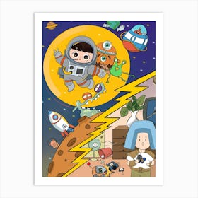 Astronaut Moon Monsters Spaceship Universe Space Cosmos Art Print