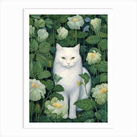 White Cat In A Garden Art Print