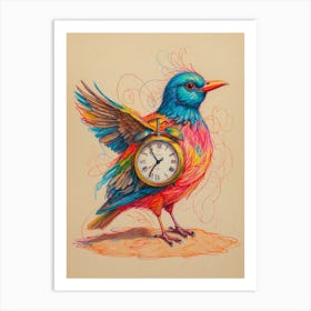 Bird With A Clock Art Print