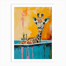 Giraffe In The Bath Warm Tones 1 Art Print