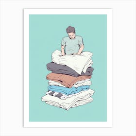 Illustration Of A Man Stacking Clothes Art Print