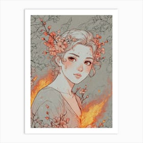 Anime Girl With Flowers Art Print