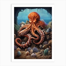 Octopus Using Tools Illustration 1 Art Print