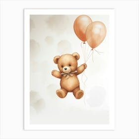 Baby Bear Flying With Ballons, Watercolour Nursery Art 3 Art Print