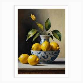 Lemons In A Blue And White Vase Art Print