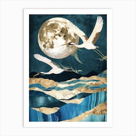 Cranes Flying Gold Blue Effect Collage 1 Art Print