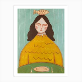 Girl and fish, Abstract woman, Fun art, Kitchen modern decor Art Print