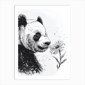 Giant Panda Sniffing A Flower Ink Illustration 4 Art Print