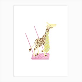 Giraffe Wearing A Tie Swinging On A Pink Wafer, Fun Circus Animal, Cake, Biscuit, Sweet Treat Print, Portrait Art Print