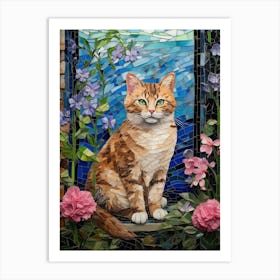 Mosaic Of Cat In The Garden With Pink Flowers Art Print