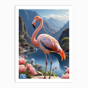 Floral Blue Flamingo Painting (32) Art Print