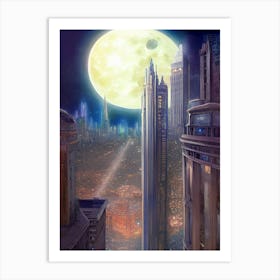 Artwork Outdoors Night Moon Full Moon Trees Setting Scene Moonlight City Futuristic Downtown Sci Fi Buildings Cityscape Skyscrapers Fantasy Gothic Background Town Architecture Art Print