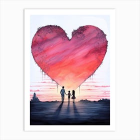 Family Walking Into Heart Line Sunset Art Print