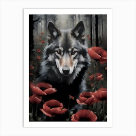 Dark Aesthetic Wolf in Red Poppy Woods - Awaits You in the Fading Forest - Romantic Gothic Art by Sarah Valentine Art Print