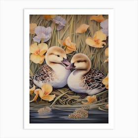 Floral Ornamental Ducks In The Cattail 1 Art Print