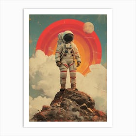 Space Odyssey: Retro Poster featuring Asteroids, Rockets, and Astronauts: Astronaut Standing On Top Of A Mountain Art Print