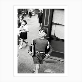 Boy With Bottle of Wine in Paris, Black and White Vintage Photo Art Print