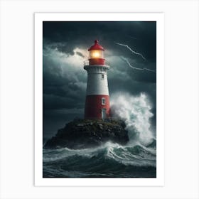 Lighthouse In Stormy Sea Art Print