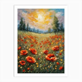 Poppies in the Meadow ~ The Poppy Fields Summer Oil Painting Vibrant Countryside Summer Landscape Feature Wall Decor - Botanical Art Print