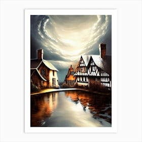 Village Reflections Snow Sky Dramatic Town House Cottages Pond Lake City Art Print