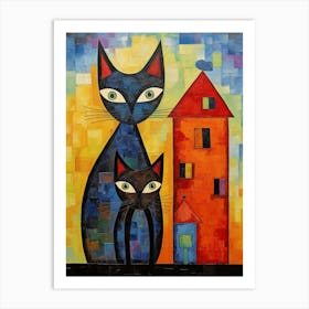 Two Patchwork Black Cats Next To A Tower Art Print