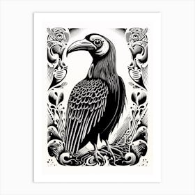 B&W Bird Linocut Vulture 2 Art Print