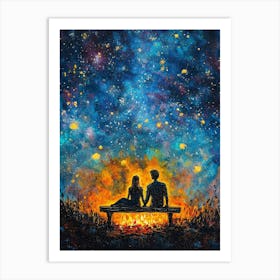 Young Couple In Love Holding Hands Sitting On Bench Near Bonfire Fire In Beautiful Night Starry Sky Art Print