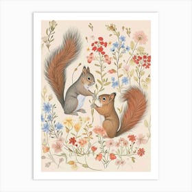 Folksy Floral Animal Drawing Squirrel 3 Art Print