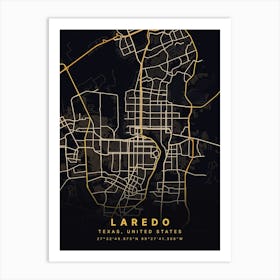 Laredo Texas USA Black And Gold Map Art Print