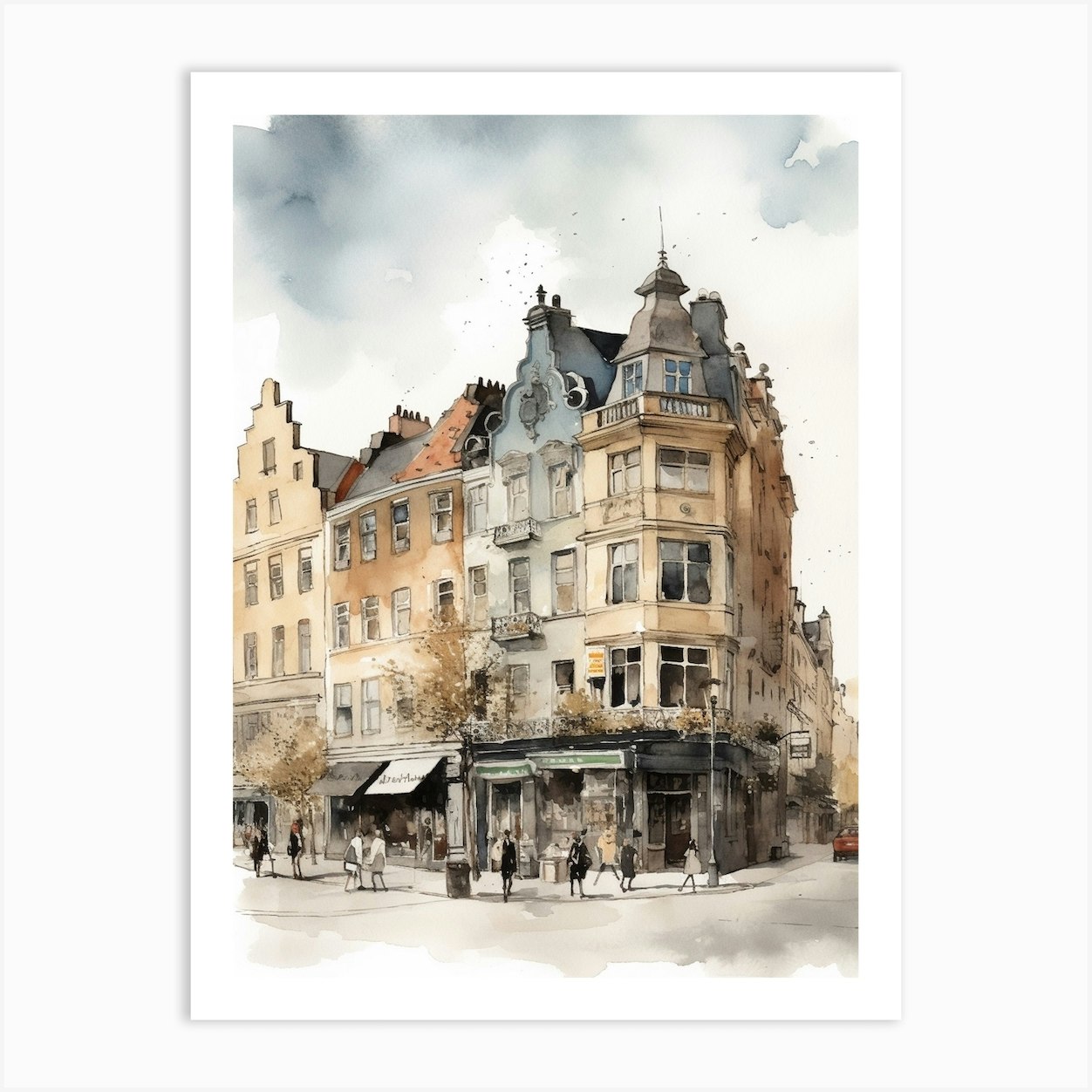 Bliv møde Landskab Norrebro Copenhagen Neighborhood, Watercolour 1 Art Print by Cityscape Art  Co. - Fy