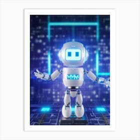 Cybernetic Robot Icon Radiating Holographic Glow Smiling With Led Lights Neon Accents Floating Ag Art Print