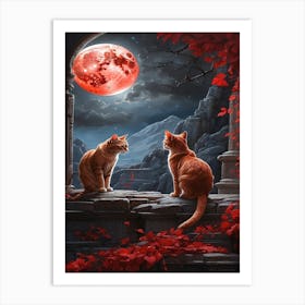 Two Cats Looking At The Moon Art Print